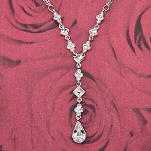 Silver Tone Clear Crystal Y-Drop Necklace Teardrop Square Link Drop Pendant